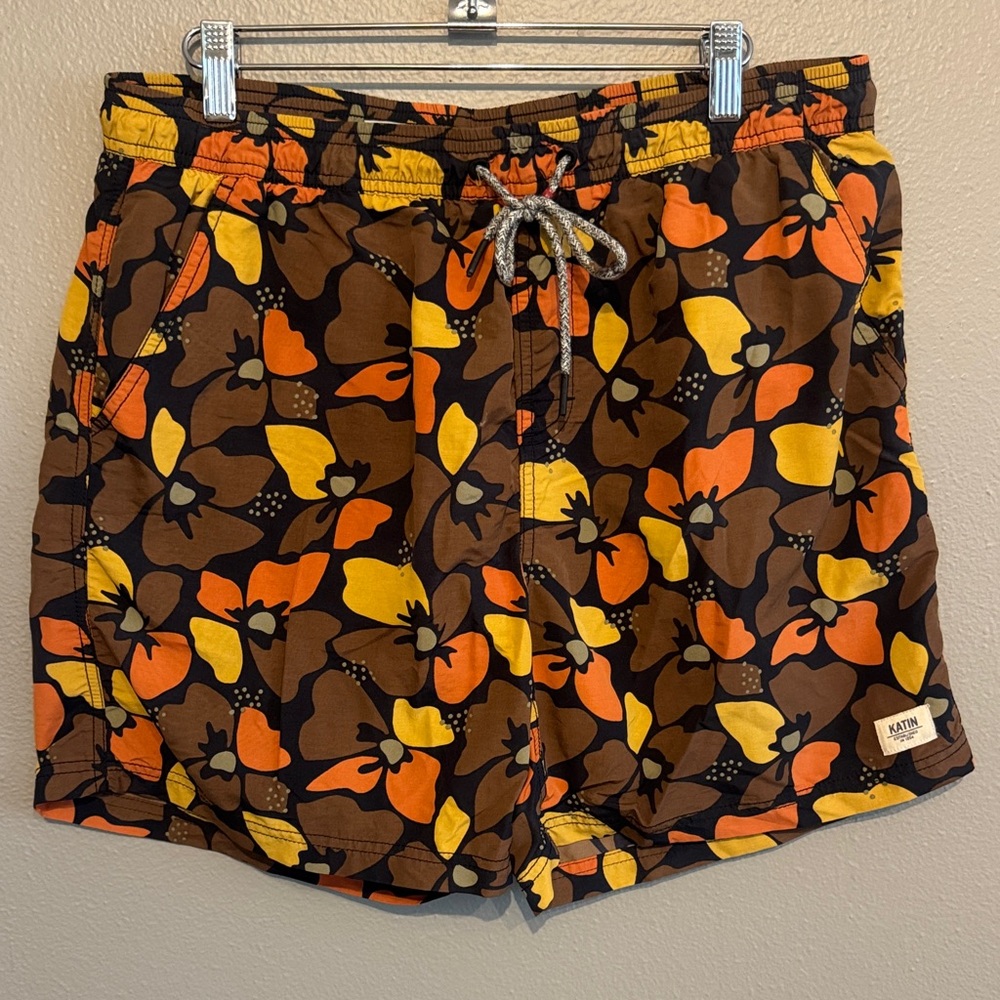 Katin Brown Floral Swim Shorts with Orange & Yellow Accents
